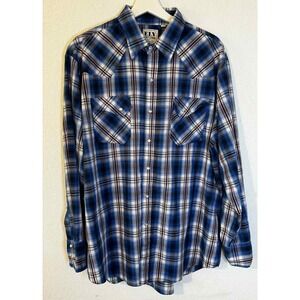 Ely Cattleman Western Plaid Pearl Snap‎ Shirt Mens XL Blue Red White Cowboy